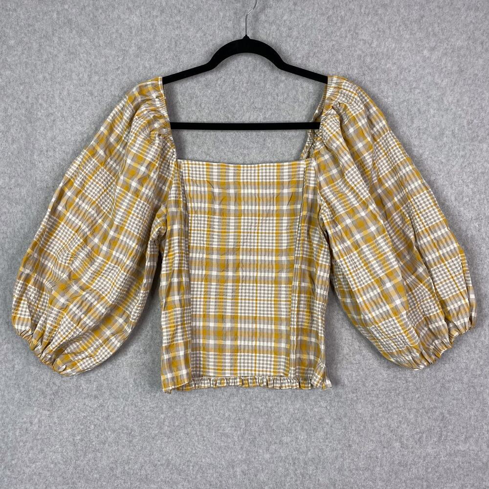 Anthropologie Maeve Yellow Plaid Square Neck Puff Sleeves Blouse Size Medium